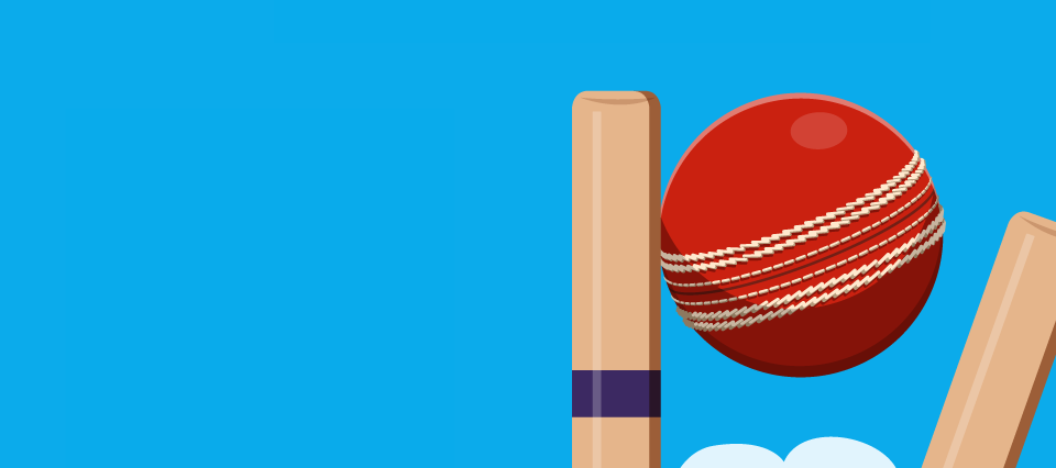 Cricket betting with 10bet. Cricket bat next to a cricket ball forming a styalized 10bet logo.